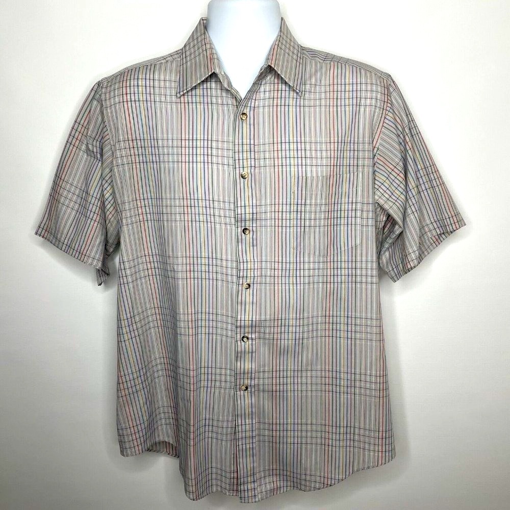 Vintage 70s Centura Gray Rainbow Plaid Button Up Shirt